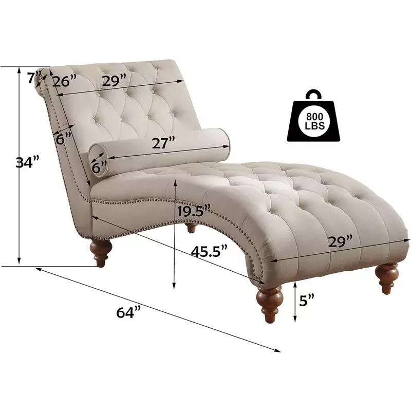 Chaise longue imbottita in lino con rivestimento in Nailhead per soggiorno e camera da letto, Standard, Beige crema