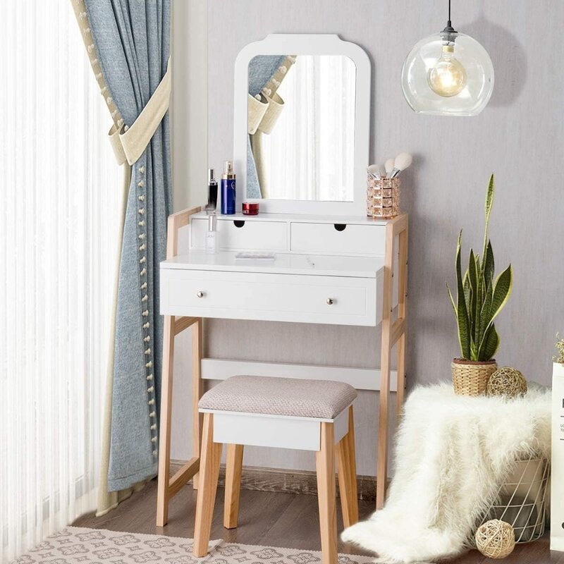 Dressers,Vanity Set with 3 Drawers,  Desk with Large Mirror and Cushioned Stool, Ideal for Small Place Apartment, Dressers
