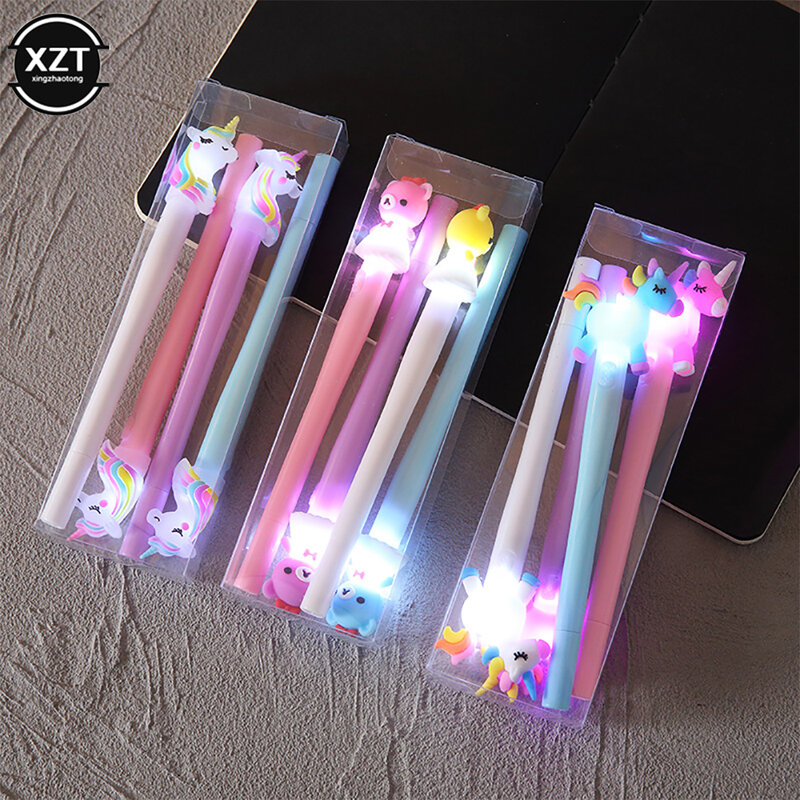 Bolígrafo de Gel de unicornio con luz LED, kawaii, tinta de Gel, bolígrafo luminoso, papelería escolar, papelería para niños, 4 unidades