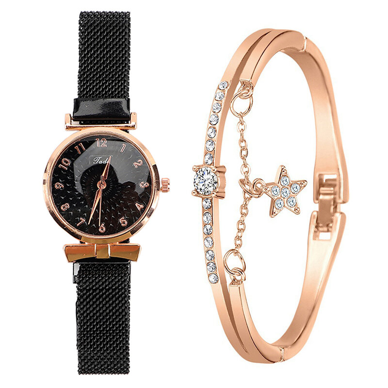 패션 여성 시계, 럭셔리 자석 버클 꽃 라인석 시계, 숙녀 석영 손목 시계, 팔찌 세트