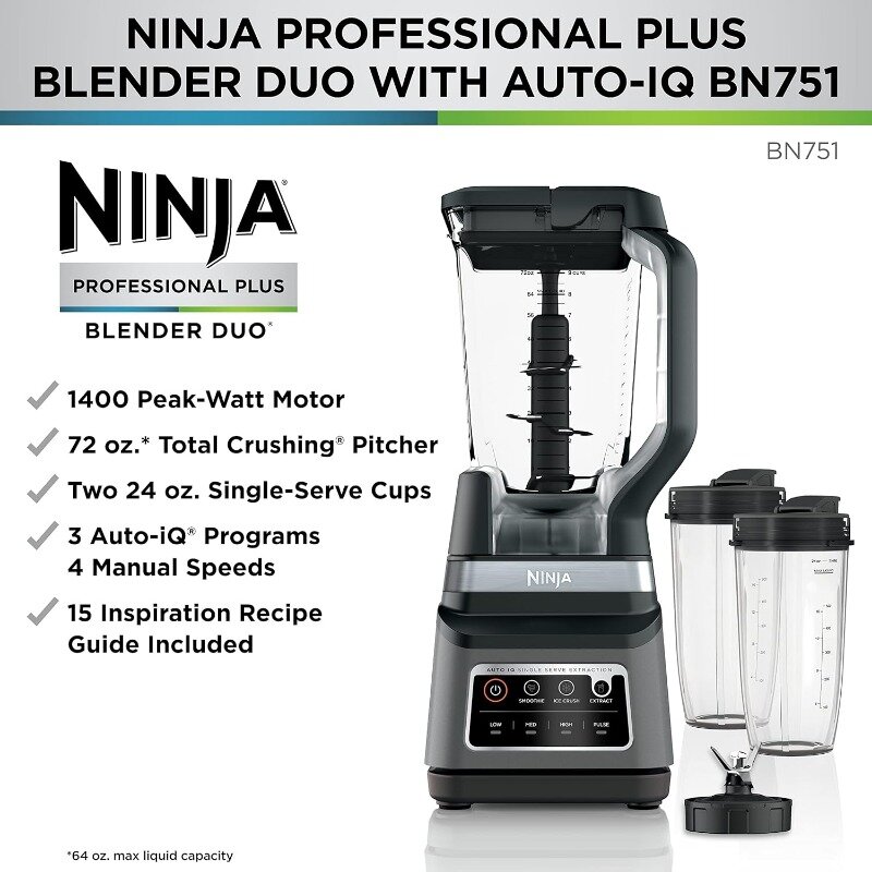 Блендер Ninja BN751 Professional Plus DUO, 1400 пиковых Ватт, 3 программ автоiq для смузи