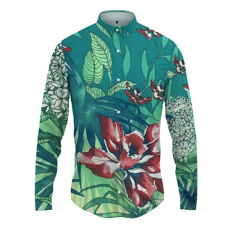 Camisa havaiana de manga comprida masculina, impressão 3D vegetal, tops casuais de lapela de botão, roupas masculinas, moda primavera e outono