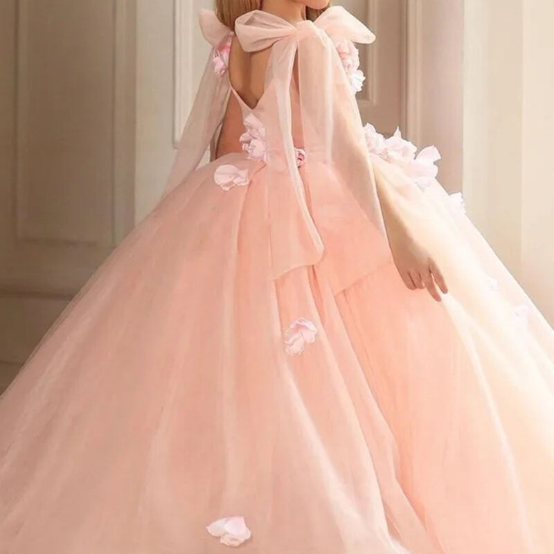 Tulle Puffy 3D Applique Flower Girl Dress Sleeveless Floor Length For Wedding Birthday Party Dress First Communion Ball Gowns