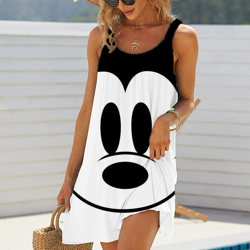 Gaun motif selempang Fashion wanita Mickey dan Minnie Musim Panas 2024 gaun pantai pantai pantai pantai pantai longgar seksi wanita Disney