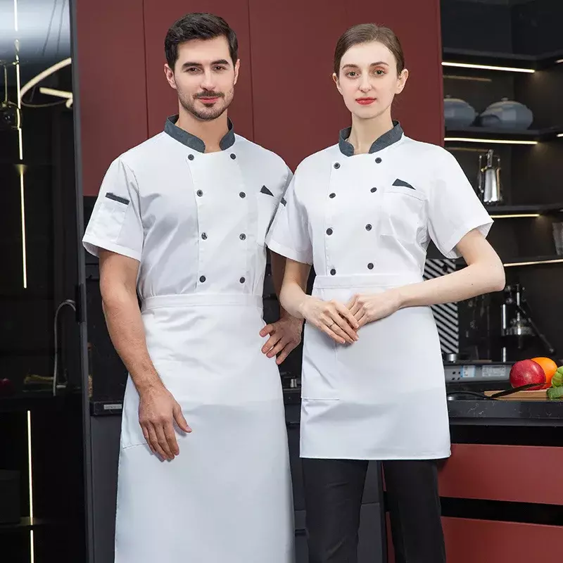 Kemeja koki roti lengan pendek uniseks, Hotel Merah lengan bernapas uniseks jaket layanan dapur Double memasak makanan pada dada