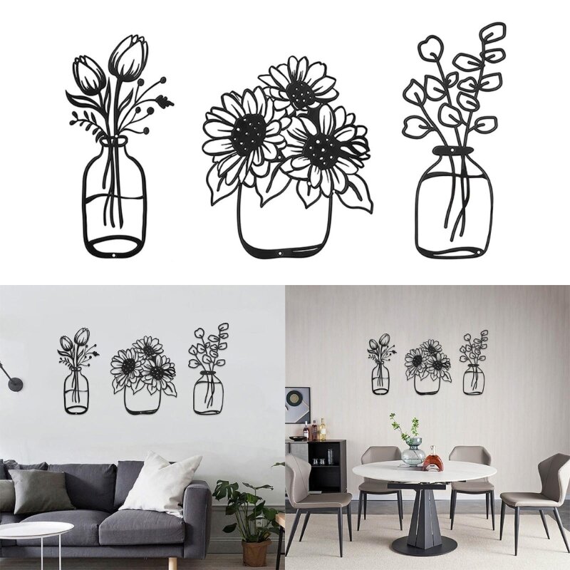 1Set vas bunga logam dekorasi dinding, Model ornamen dekoratif seni untuk asrama restoran kamar tidur