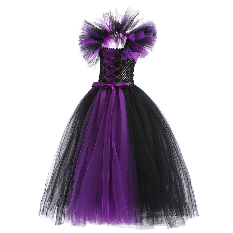 Dziewczęce sukienki wiedźmy zła królowa Halloween w stylu Cosplay kostium imprezowy Tutu marszczone ubrania księżniczki fantazyjna sukienka dla dzieci stroje