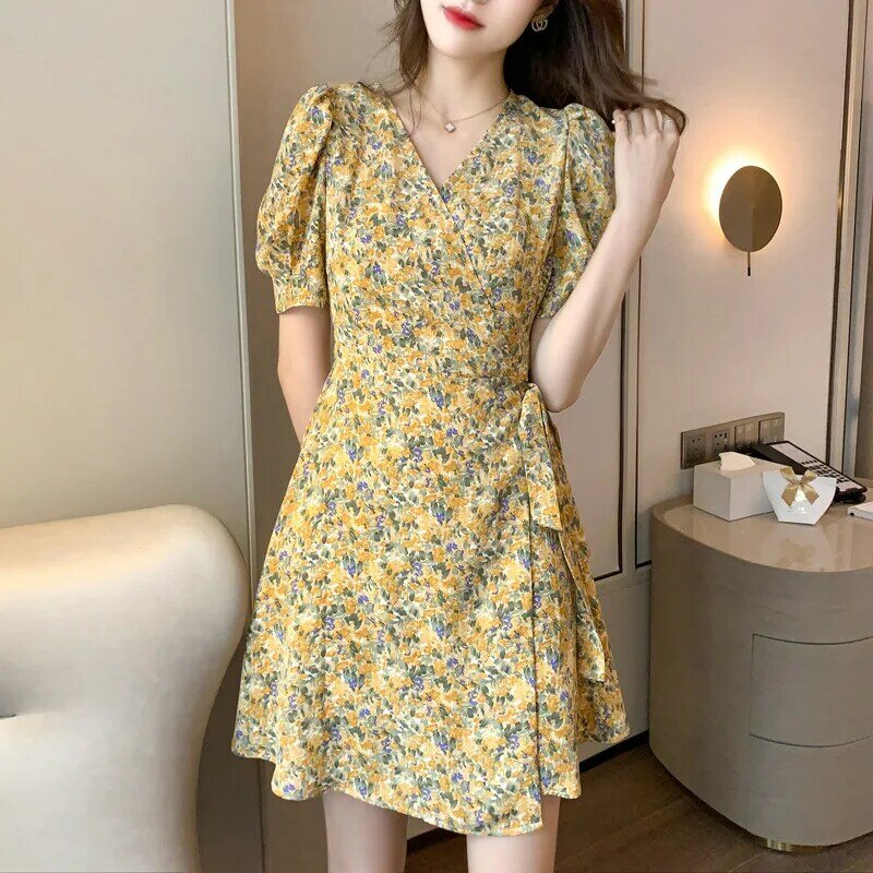 Rok wanita Korea, gaun perempuan bercetak mode musim semi/musim panas 2024 ramping dan elegan bentuk A-line