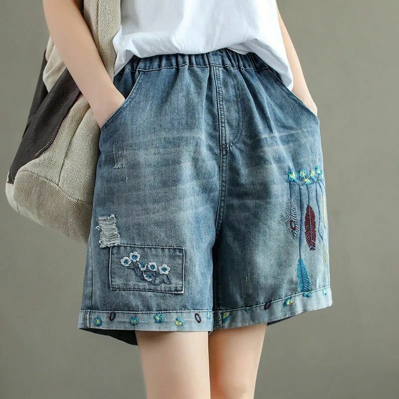 Modne koreańskie haftowana z wysokim stanem spodenki jeansowe dla kobiet na lato casualowe kieszenie splecione spodnie z luźna szeroka nogawkami odzież damska