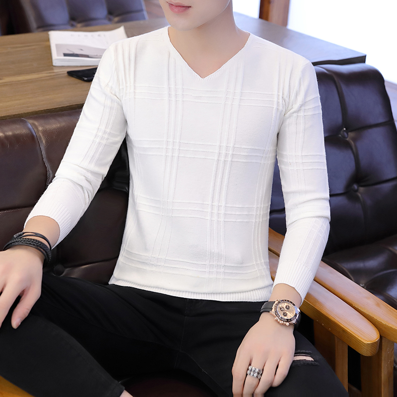 New Slim Men's V-neck Collar Sweater Breathable Classical Solid Striped Patterned Autumn Man Pullovers