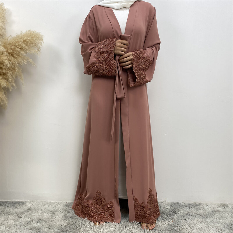 Moda pizzo ricamo musulmano aperto Abaya Cardigan Kimono Maxi vestito turchia arabo caftano Dubai Robe Islam Femme Jalabiya caftano