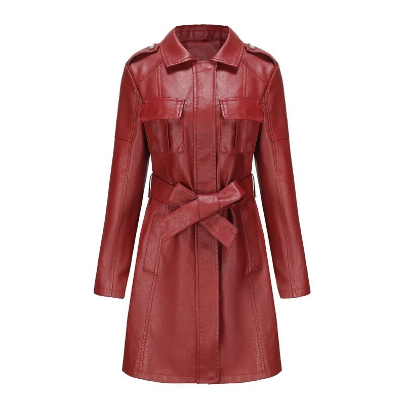 용수철 여성용 캐주얼 가죽 의류, 야외 방풍 PU 탑 패션, 슬림 중간 길이 가죽 코트, 가을