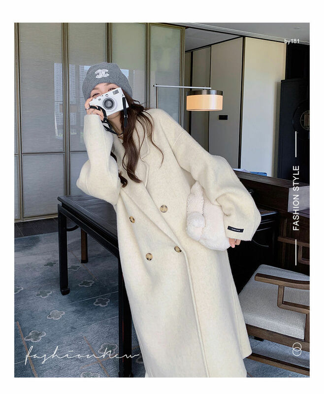 VANOVICH-Casaco longo de lã estilo coreano feminino, casaco casual solto, trespassado duplo, entalhado, monocromático, outono e inverno, novo, 2024