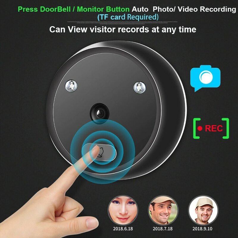 Видеоглазок Topvico с дверным звонком, камера с автоматической записью, электронное кольцо ночного вида, цифровой глазок для входной двери, Домашняя безопасность