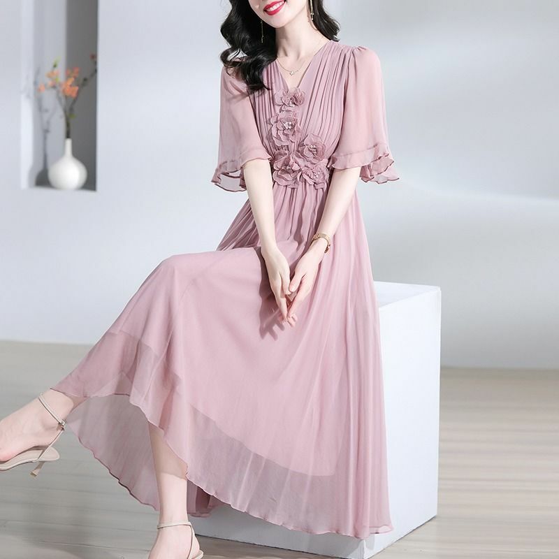 Fashion V-Neck Spliced Folds Butterfly Sleeve Chiffon Party Dress Women Clothing 2024 Summer New Loose Office Lady Princess Dres
