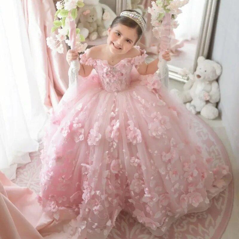 Розовые Платья с цветочным принтом для девочек, тюлевые Платья с цветочным принтом без рукавов для свадьбы, дня рождения, банкета, платья принцессы
