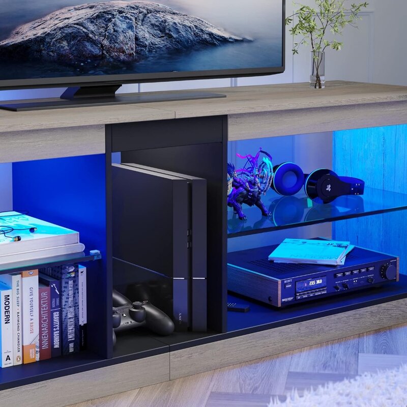 Support TV réglable pour TV 55 + ", étagères en verre, 22 modes RVB dynamiques, armoire TV, console de jeu PS4, gris lavage