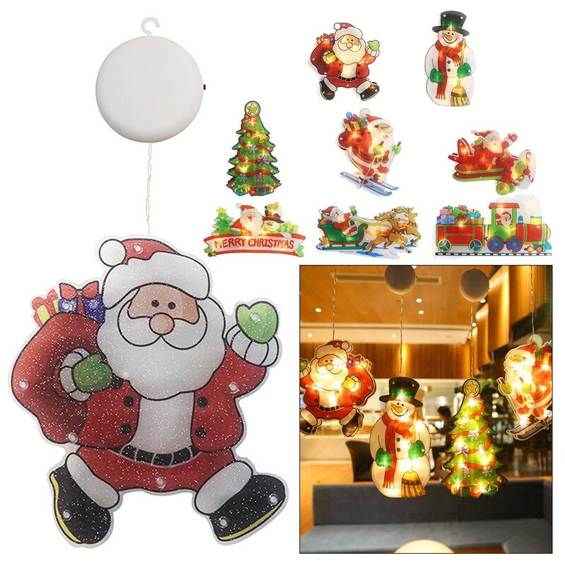 LED Suction Cup Hanging Lights Christmas Party Window Decoration Lights Santa Claus Snowman Christmas DIY Home Decorations Lamp