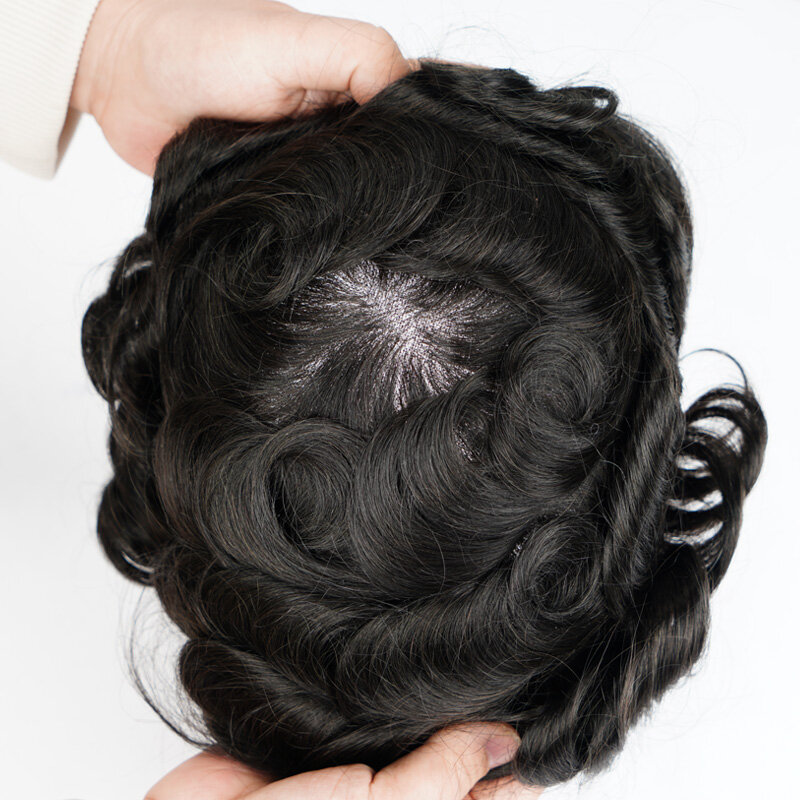 男性用の人間の髪の毛のトーピー,天然のヘアライン,ヨーロッパのピアウィッグ,交換システム