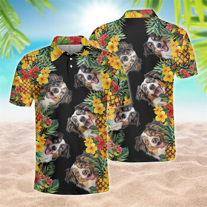 Abacaxi cão feliz dos homens 3D imprimir camisas polo, doberman havaiano, cães chihuahua, bonito pet manga curta tops