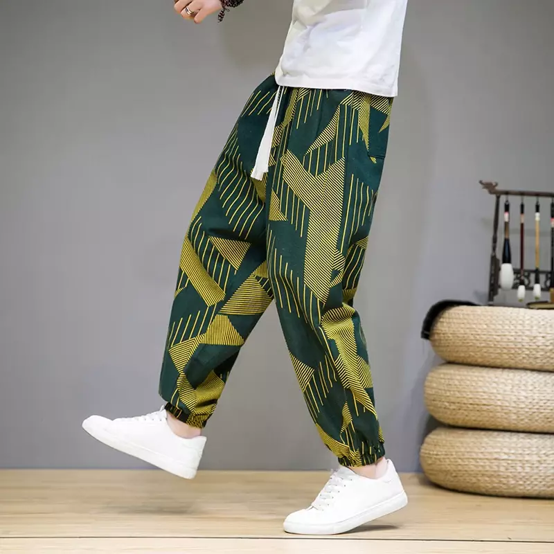 2024 New Style Men Spring Summer Thin Breathable Cotton Linen Pants Men  Printed Casual Pants Loose Pants