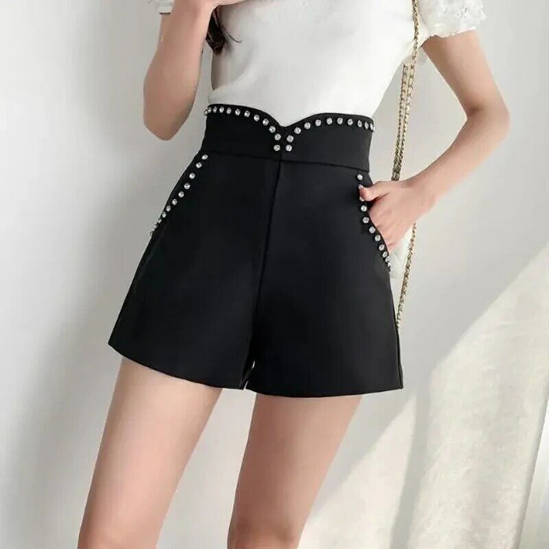 2024 Summer Korean Style Fashion Women Rhineston White Black Shorts , Woman Slim High Waisted Wide Leg Shorts