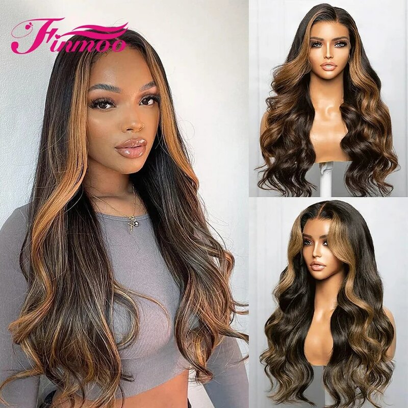 Brown Highlight Wavy 13x4 Lace Frontal Human Hair Wigs For Women Pre Plucked HD Lace Remy Hair 150 Density Human Hair Wigs