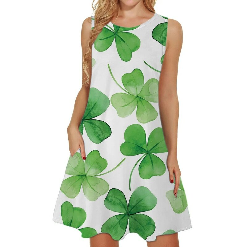Green Printed Vestidos Dresses St.Patrick's Day Clover Crew Neck Regular Fit Sundress Casual Spring Summer Streetwear Clothing