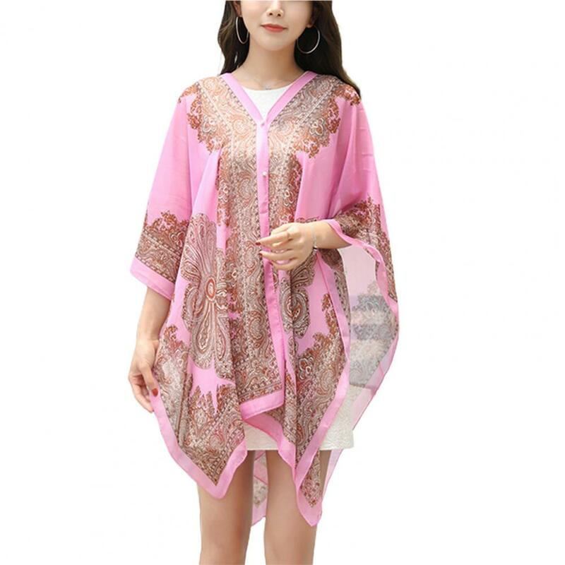 Summer Women Chiffon Floral Kimono Beach Cardigan Sheer Cover Up Swimwear Long Blouse Shirts Female Tops