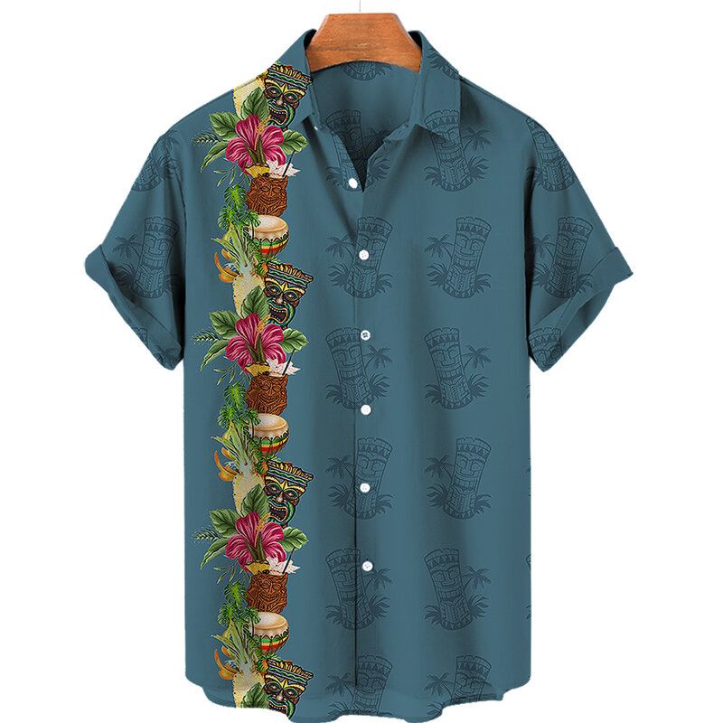2024 New Fashion Men's Cartoon Statue Shirt Short Sleeve Hawaiian Style Casual Print Shirts Tops Streetwear For Men
