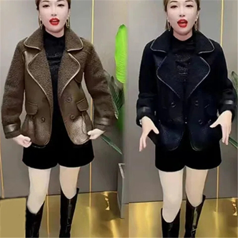 Both Sides Wear Leather Jacket Women Autumn Winter Suit Collar Patchwork Lambhair Coat Double Breasted Faux Leather Overcoat 4XL
