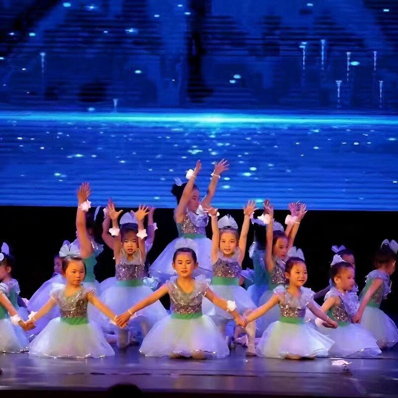 유치원 재즈 댄스 공연용 반짝이는 얇은 명주 그물 원피스, 여아용 공연 코스튬, 미래 조명, 신상 출시