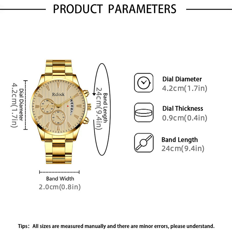 3PCS Set Fashion Mens Business Watches Men Casual Gold Bracelet Cross Necklace Stainless Steel Quartz Watch Relogio Masculino