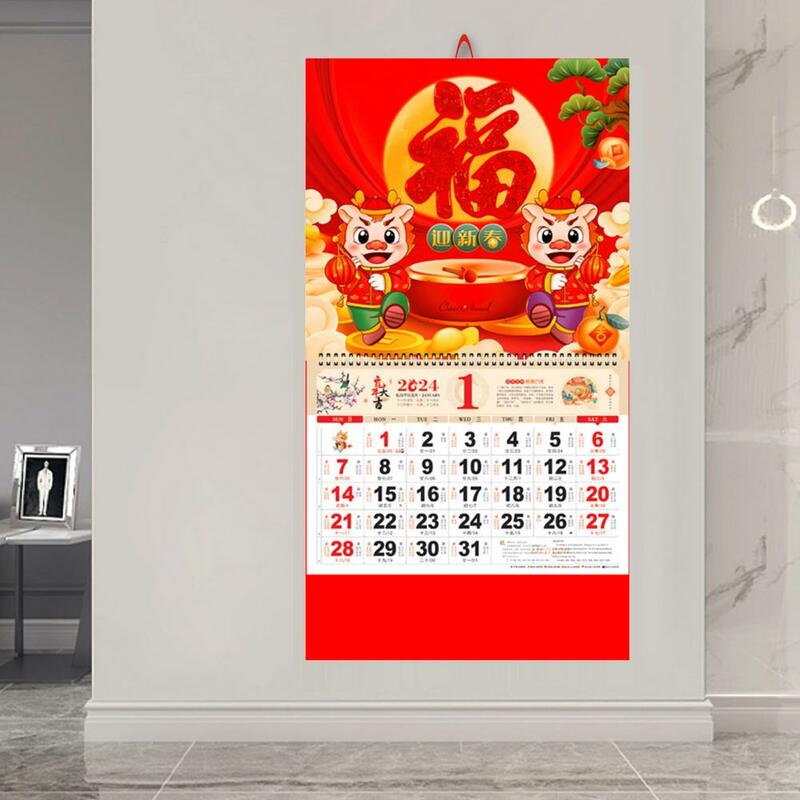 Традиционный настенный календарь, ежемесячный календарь, 2024 год, календарь на стену дракона, дизайн из золотой фольги для традиционного китайского Нового года