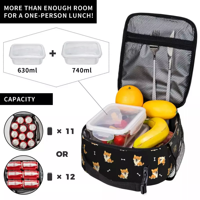 Shiba Inu 패턴 단열 도시락 가방, 재사용 가능 피크닉 가방, 열 냉각기 도시락 토트, 여성 직장 어린이 학교