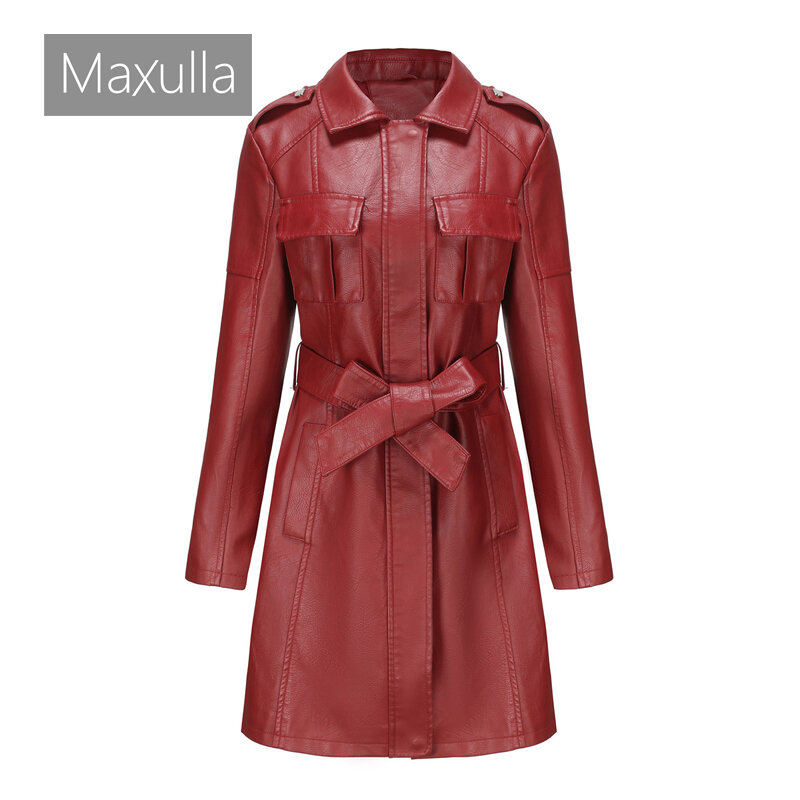 Spring Autumn Women's Casual Leather Clothing Outdoor Windproof PU Top Fashion Slim Mid-Length Leather Coat Women's Clothing