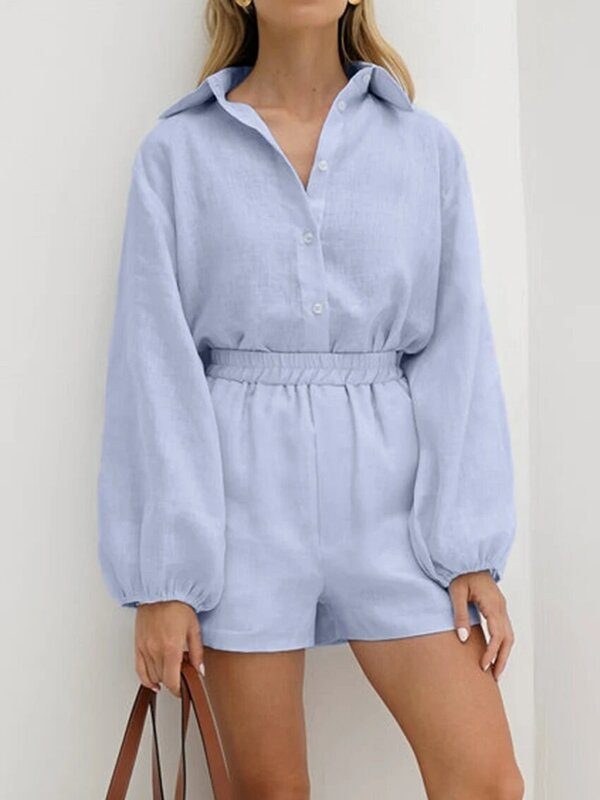 Marthaqiqi-Conjunto feminino de pijama azul manga comprida, gola virada para baixo, camisolas de algodão para senhoras, terno casual de pijama, shorts
