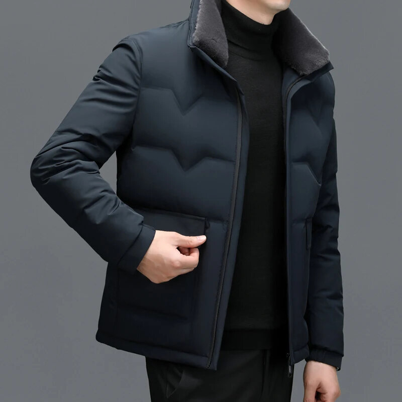 Зимнее мужское короткое пальто на белом утином пуху, утепленная Повседневная Деловая теплая куртка с откидным воротником