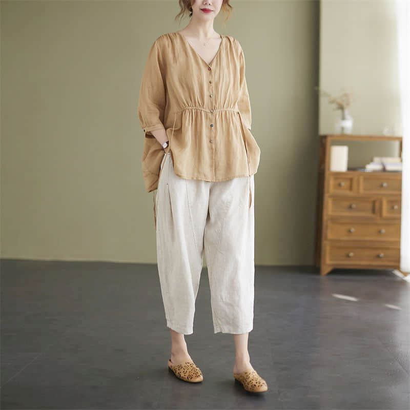 Conjunto de duas peças para mulheres, camisa e calças de harém, solto e casual, estilo coreano, estilo vintage, verão