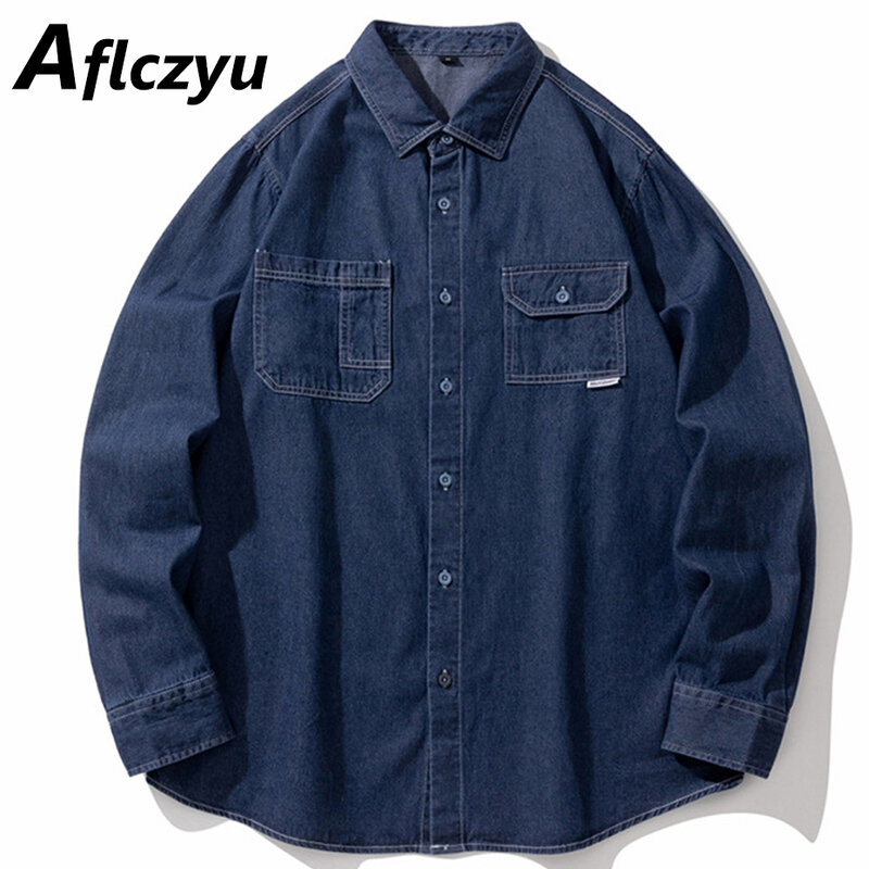 Camisas jeans de manga comprida masculina, moda Harajuku, camisas casuais cargo, monocromáticas, primavera, outono