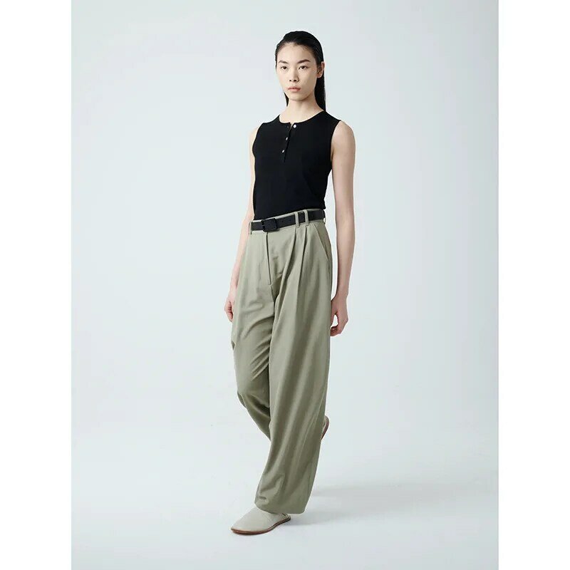 23ss High Waist Suit Pants Women's Loose Curve Casual Pants Green Straight Pants Wool Commuter Suit Pants Spring Summer Trousers