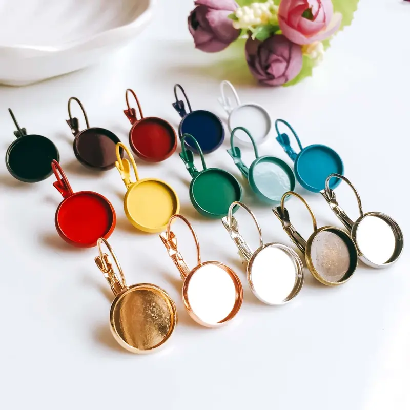 12Mm 10 Buah Anting-Anting Kait Bulat Warna Perak Berlapis Cabochon Cameo Nampan Pengaturan Anting-Anting Kosong Dasar Perlengkapan untuk Perhiasan