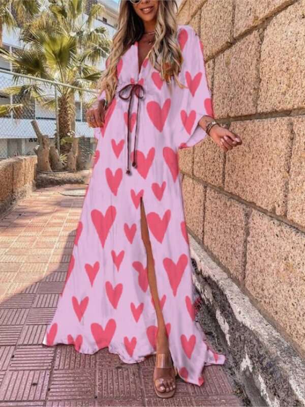 Женское длинное платье с принтом, повседневное Пляжное Платье макси с V-образным вырезом и разрезом в богемном стиле для отпуска, весна-лето 2024