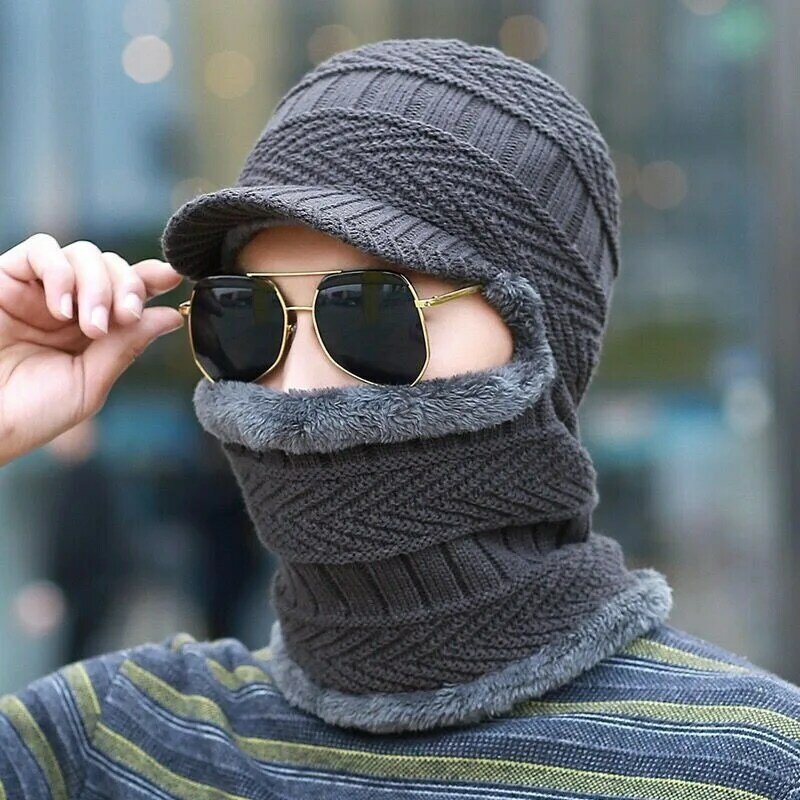 Chapéu de pelúcia tricotado masculino, chapéu de esqui exterior à prova de vento, gola grossa do cachecol siamês, Gorros de rosto quente, inverno