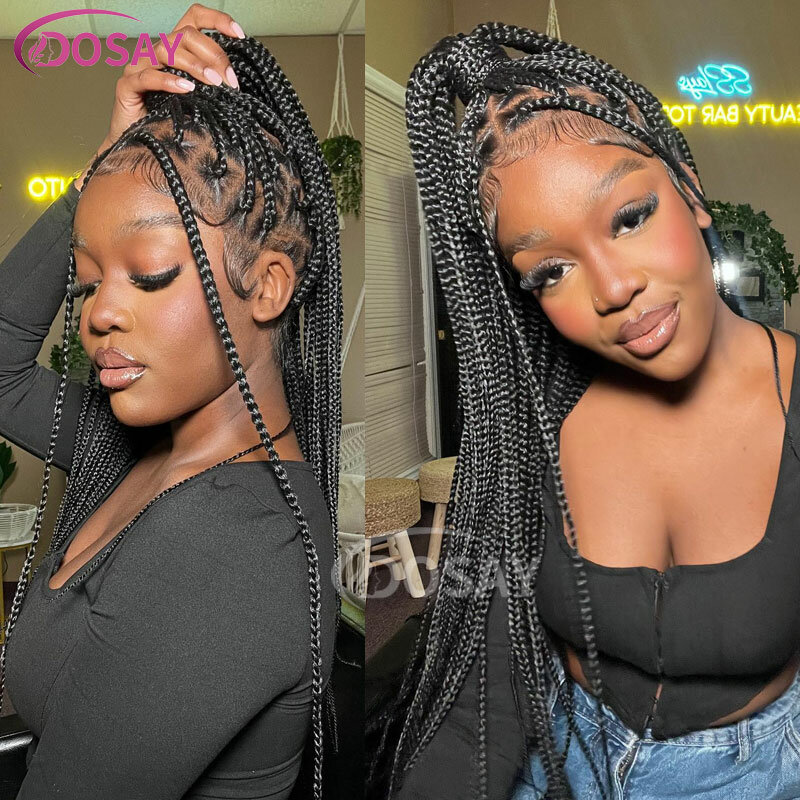 Pelucas trenzadas de encaje completo para mujeres negras, caja pequeña de cabello cuadrado africano, 36"