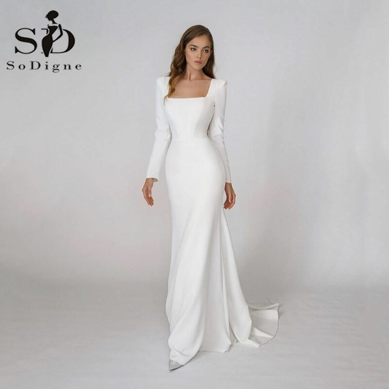 SoDigne Elegant ซาตินงานแต่งงานชุดโมเดิร์นสแควร์คอแขนยาว Backless Mermaid ชุดเจ้าสาวผู้หญิง Vestido De Noiva