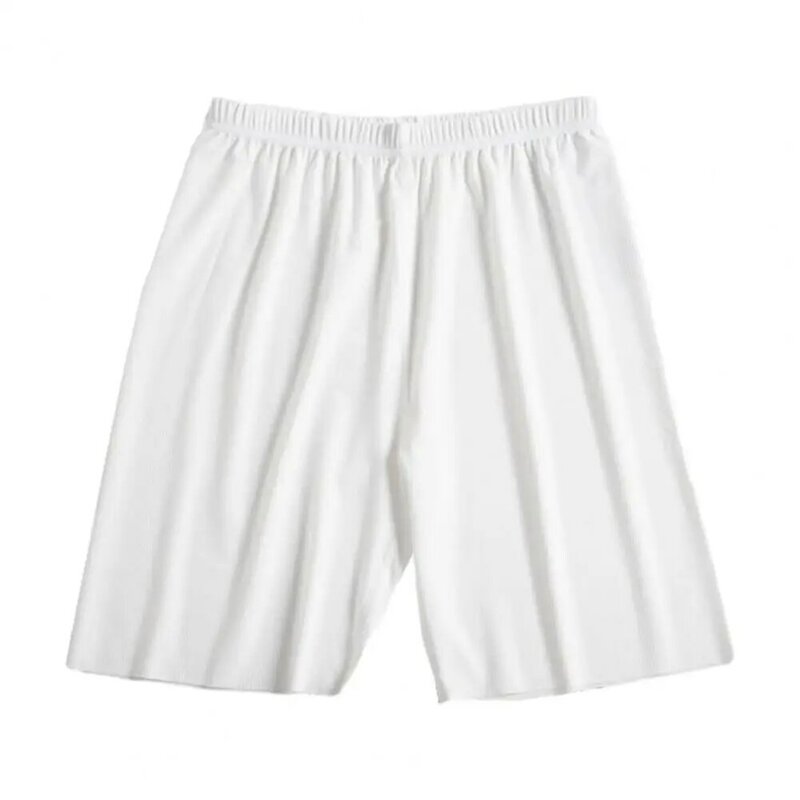 Men Sleeping Shorts Mid-rise Elastic Waistband Pajama Shorts Breathable Wide Leg Ice Silk Sleepwear Shorts Ribbed Casual Shorts