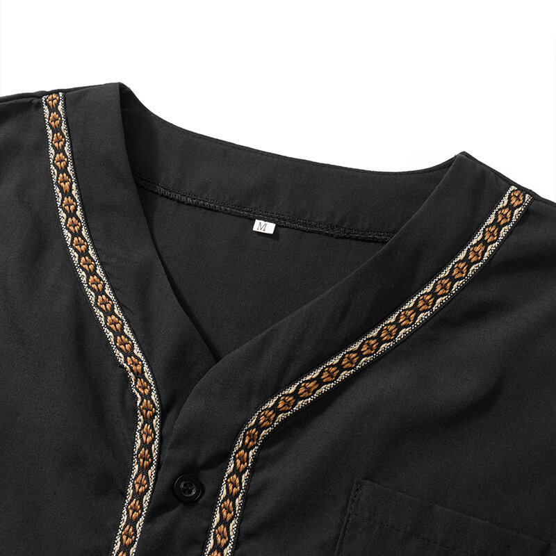 Winkinlin Men Shirt Dress Robe Half Sleeve Kaftan Button Closure Patchwork Lightweight Thobe Arabic Clothes