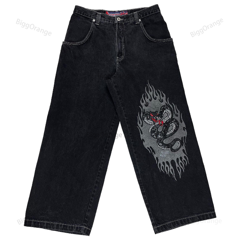 Y2K jeans kebesaran pria, pakaian jeans Gotik Harajuku retro pola modis punk hip hop longgar ramping