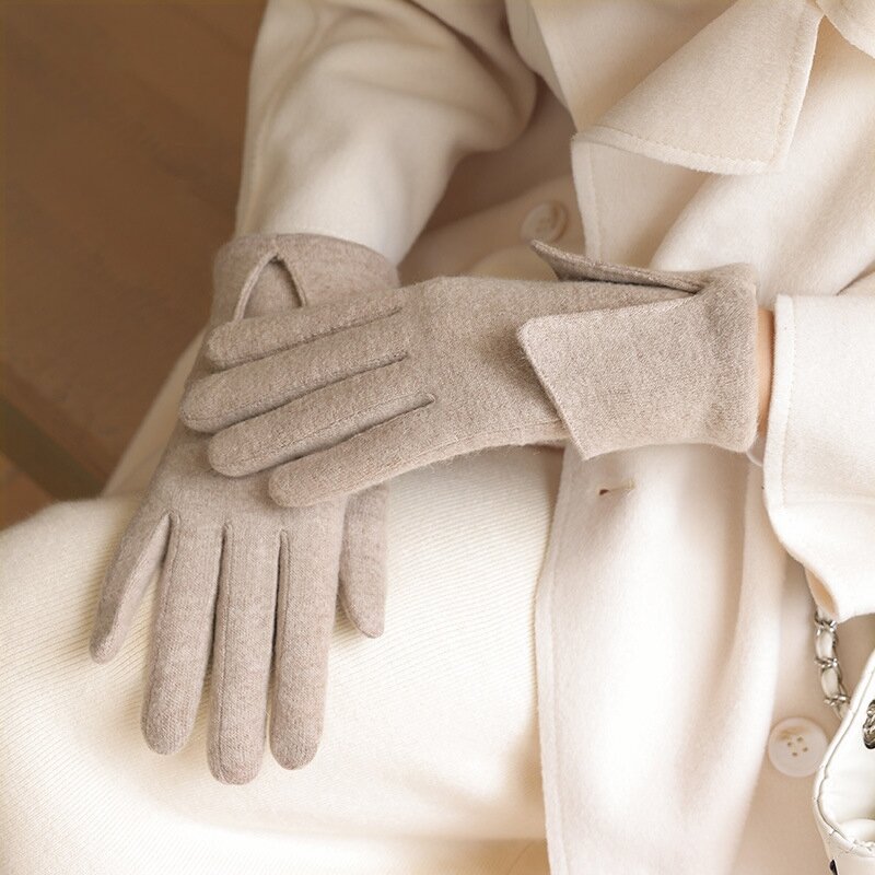 Sarung Tangan Hangat Luar Ruangan Musim Dingin Wanita Mode Sarung Tangan Pinggiran Layar Sentuh Tebal Sarung Tangan Jari Penuh Tahan Angin Hangat Wanita